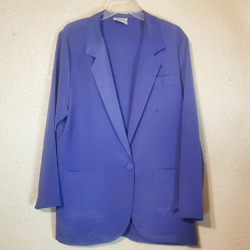 LULU USA Vntg 1 Button Blazer 44 Chest Shimmery Purple Pockets Unlined Women's